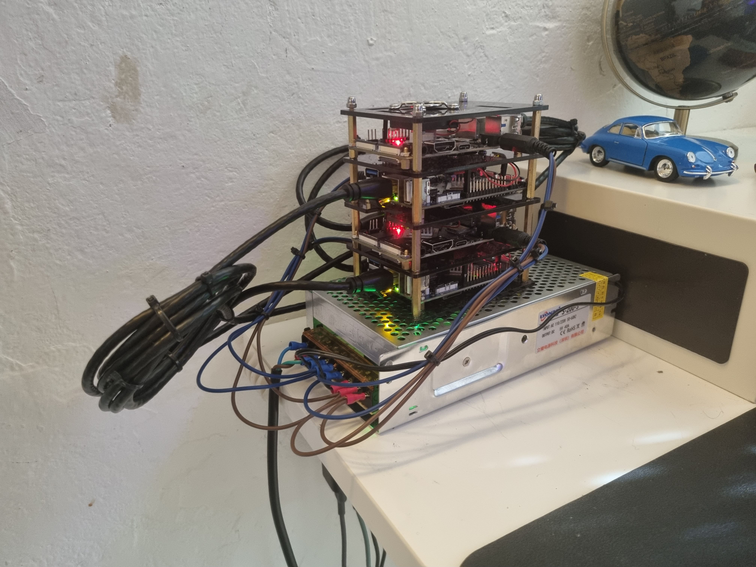My ARM64 cluster made of 4 OrangePi 4LTS ARM-based k3s cluster of 4 OrangePi 4LTS nodes with power supply